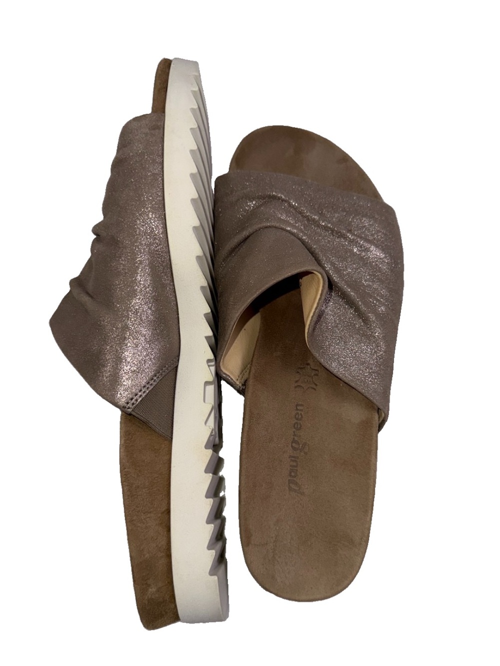 Paul Green US8.5 Desire slide sandals metallic ruched Lux Shoe comfort footbed